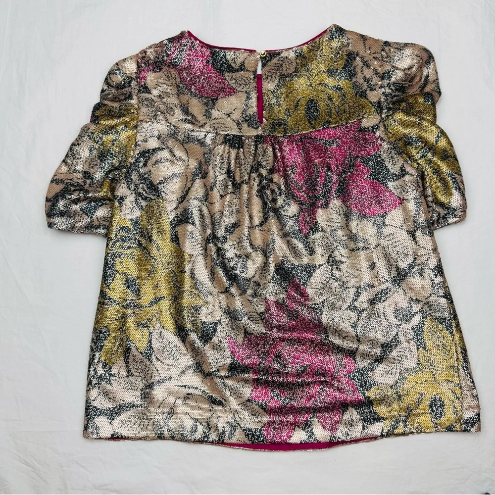 Anthropologie Marie Floral Sequin Puff Sleeve Blouse Top 2